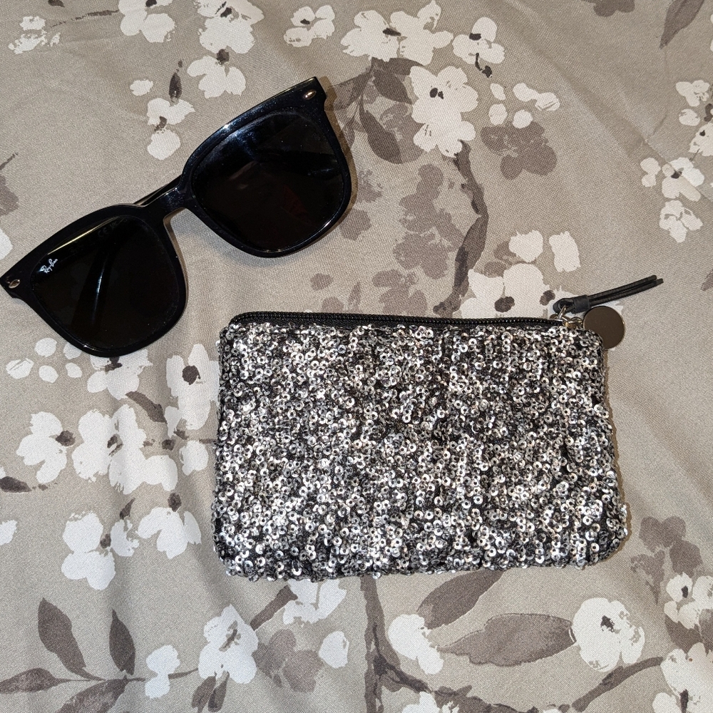LOFT double-sided wristlet, Silver Sequins, Black Velvet polka dots,Silver Charm